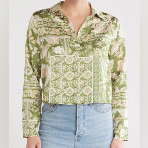 Nordstrom Deep Lime Silk-like Long Sleeve Patch Green Floral Blouse - Picture 12 of 13